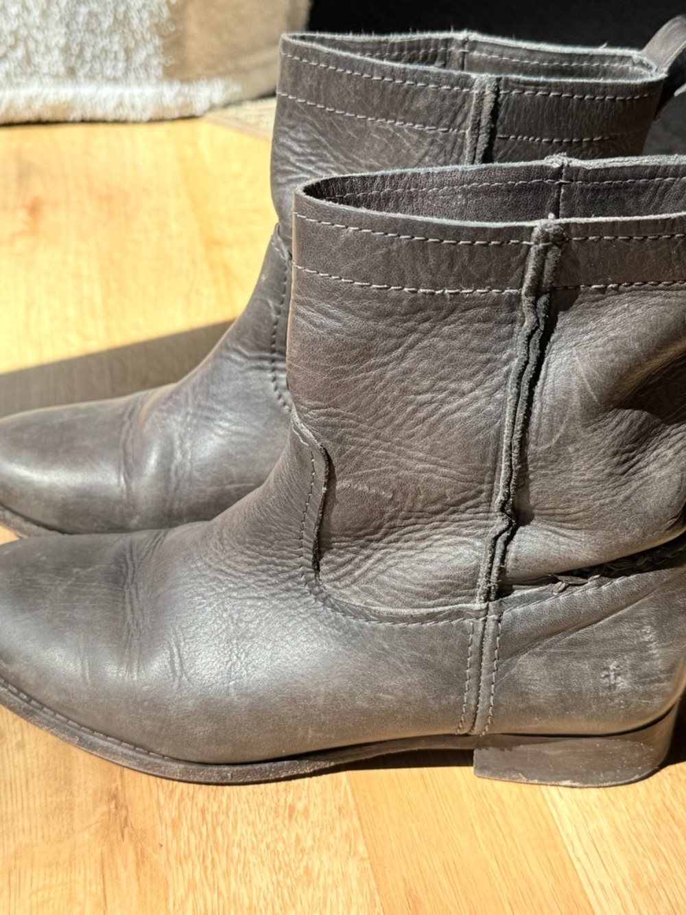 Frye Leather Distressed Ankle Boots in Grey